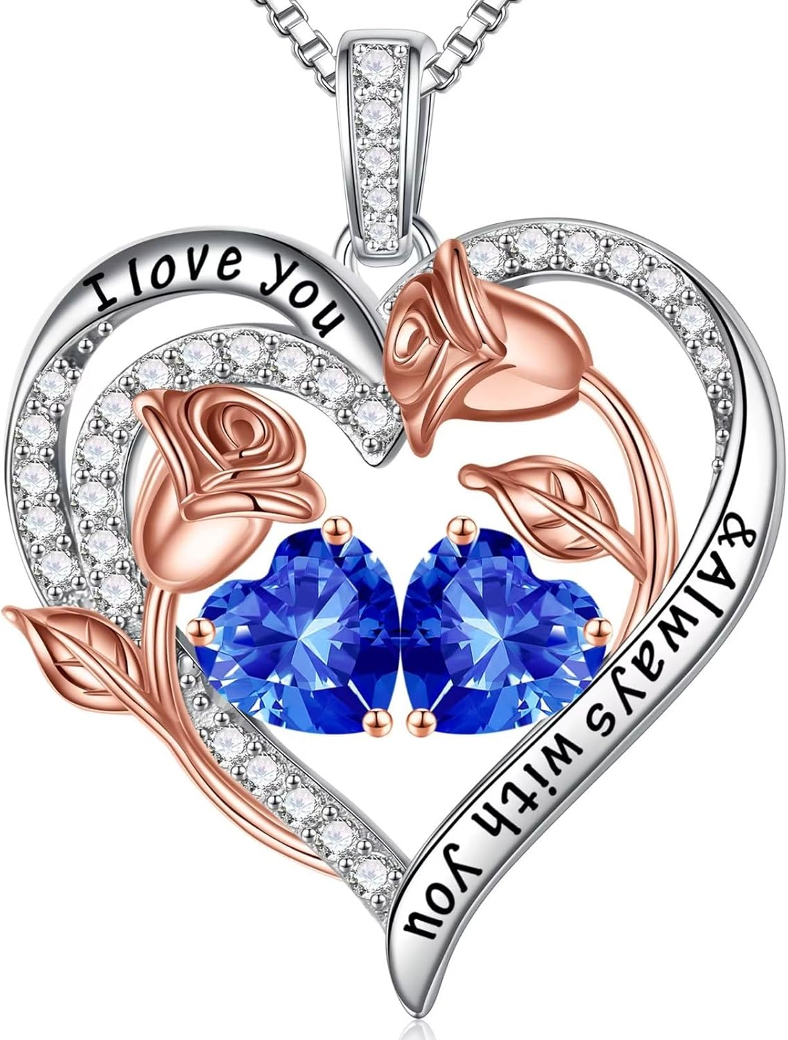 Iefil Birthstone Necklace for Women - 925 Sterling Silver Rose Heart Birthstone Necklace Birthday Anniversary Jewelry Gifts for Her Wife Mom Daughter