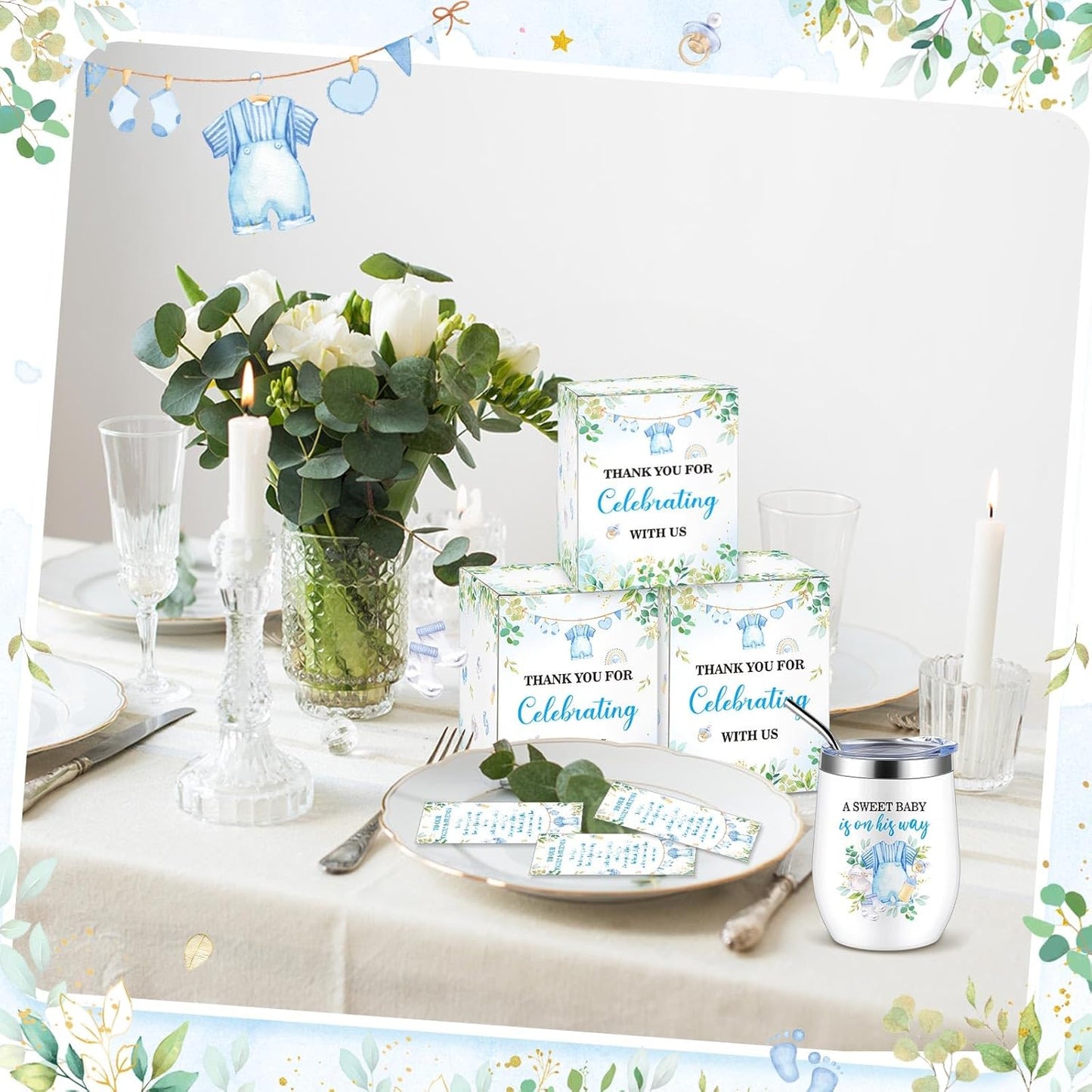 Hoolerry 6 Set Baby Shower Game Prizes for Guests Winners 12 oz Insulated Stainless Steel Tumbler Cup with Lids, Straws, Cleaning Brush, Cards & Boxes Return Gifts(Blue-green,Boy, Greenery)