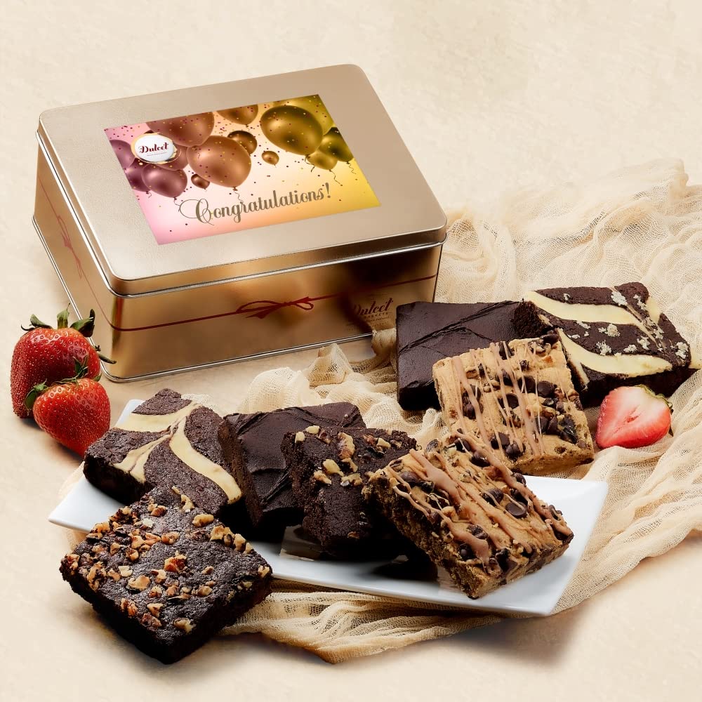 Congratulations Gift Basket - 8 Individually Wrapped Brownies Freshly Baked in a Variety of Flavors - Dulcet's Signature Flavored Fudge Brownies - Gift Box Comes with Congratulations Card