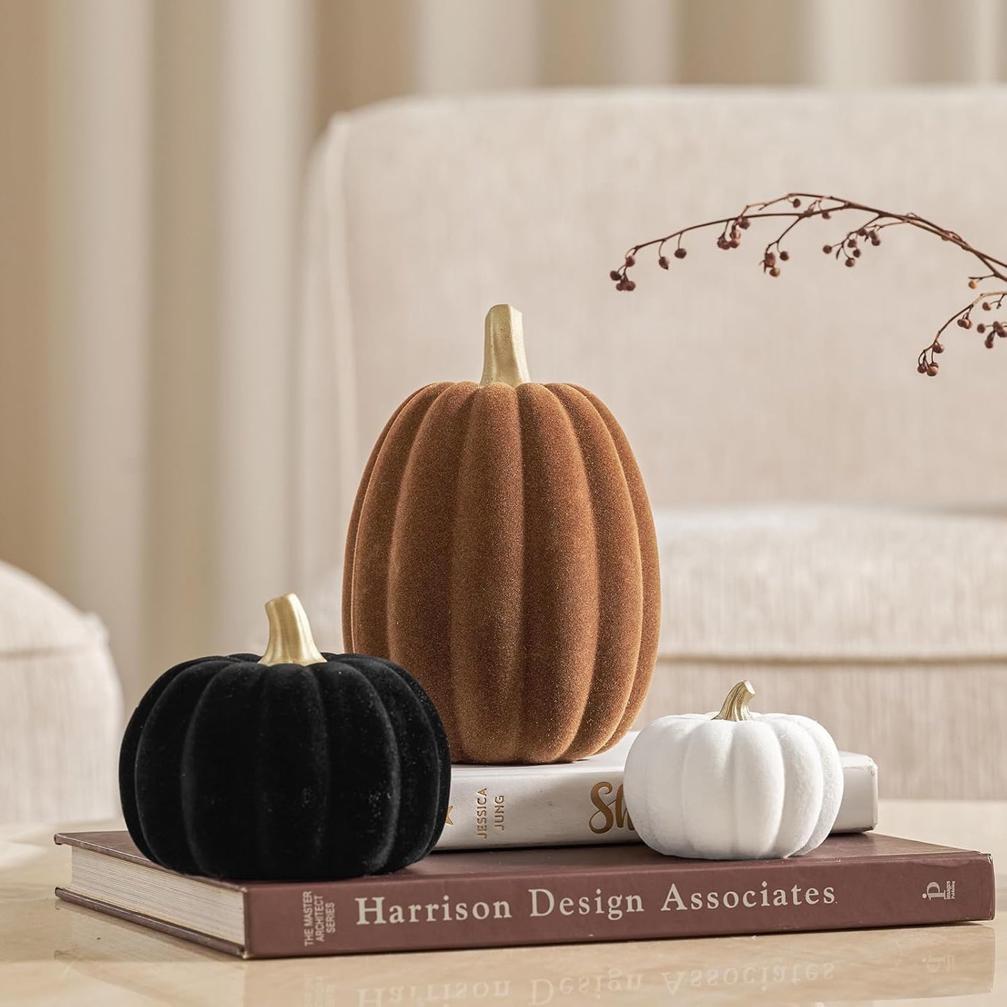 DN DECONATION 3 Pcs Fall Pumpkin Decorations – Flocked White Brown Black Resin Pumpkins Figurines for Autumn Thanksgiving Halloween Decoration, Faux Artificial Pumpkin for Home Table Mantel Decorating
