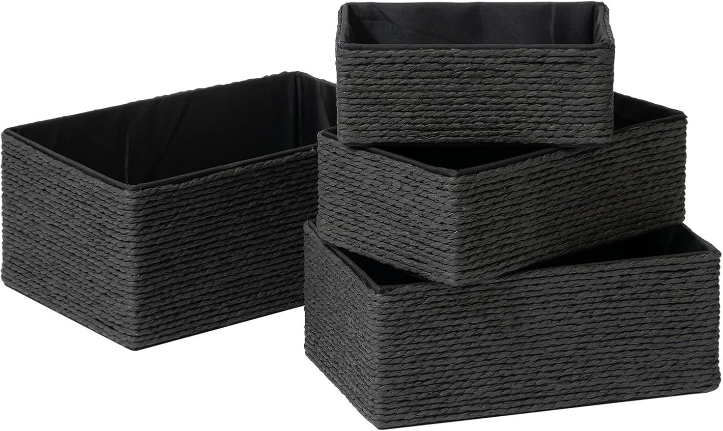 LA JOLIE MUSE Storage Baskets Set 4 - Sturdy Woven Paper Rope Decorative, Stackable Wicker Baskets for Makeup Closet Bathroom Bedroom (Ebony Black)