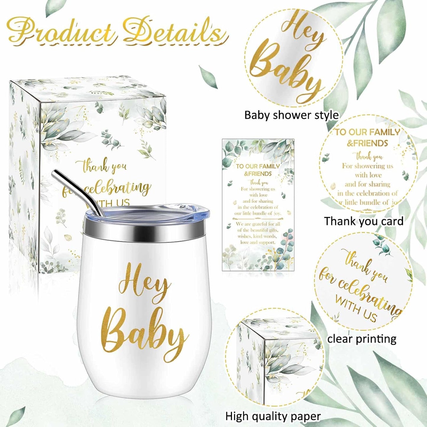 Hoolerry 6 Set Baby Shower Game Prizes for Guests Winners 12 oz Insulated Stainless Steel Tumbler Cup with Lids, Straws, Cleaning Brush, Cards & Boxes Return Gifts(White Green,Greenery)