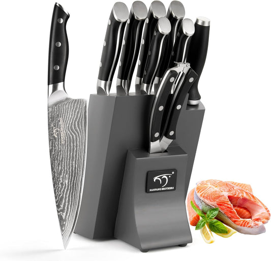 NANFANG BROTHERS Knife Set, 9 Pieces Damascus Kitchen Knife Set with Block, ABS Ergonomic Handle for Chef Knife Set, Knife Sharpener and Kitchen Shears, Knife Block Set