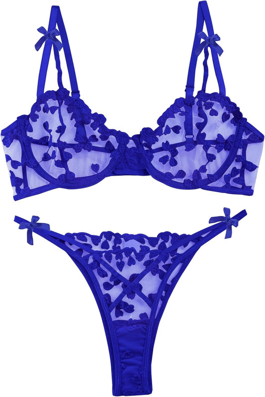 Lilosy Sexy Underwire Cute Push Up Strappy Embroidered Mesh Sheer Lingerie Set See Through Panty Bra