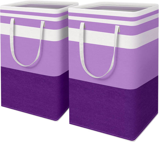 HomeHacks 2 Pack Large Laundry Baskets, Waterproof, Freestanding Laundry Hampers, Collapsible Clothes Hamper with Reinforced Handles in Laundry, College Dorm, Bathroom, Bedroom (Purple, 88Lx2)