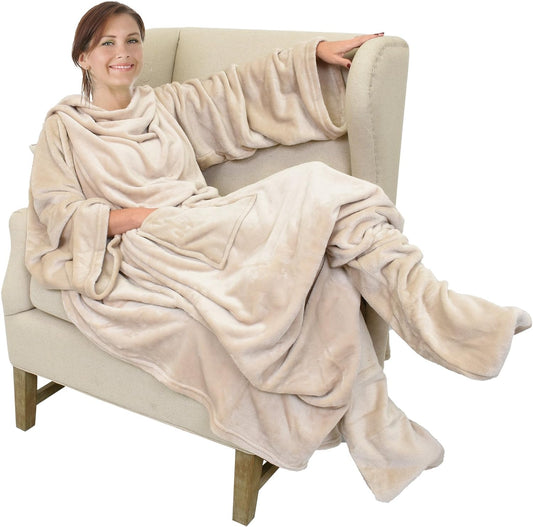 Catalonia Wearable Fleece Blanket with Sleeves and Foot Pockets for Adult Women Men, Micro Plush Comfy Wrap Sleeved Throw Blanket Robe Large, Gift for Her