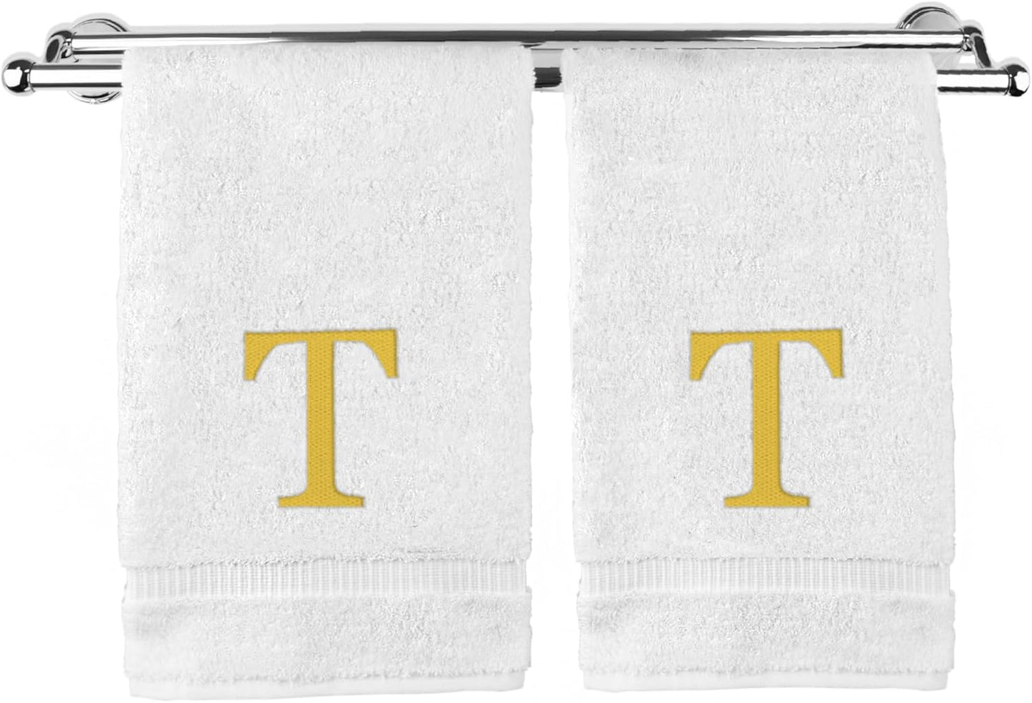 Monogrammed Hand Towel, Personalized Gift, Set of 2- Gold Block Letter Embroidered Towel - Extra Absorbent 100% Turkish Cotton - Soft Terry Finish - Initial T White