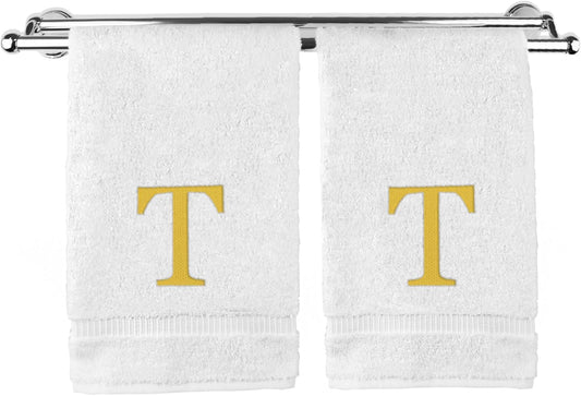 Monogrammed Hand Towel, Personalized Gift, Set of 2- Gold Block Letter Embroidered Towel - Extra Absorbent 100% Turkish Cotton - Soft Terry Finish - Initial T White