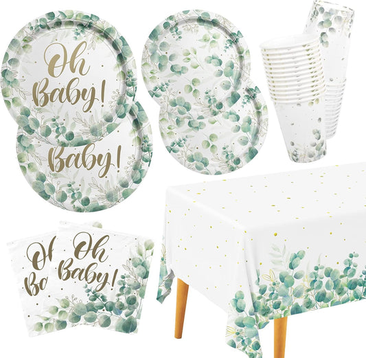 Sage Greenery Baby Shower Party Supplies Disposable Paper Plates Napkins Cups and Tablecloth for Boho Greency Party Decorations, Serve 25.