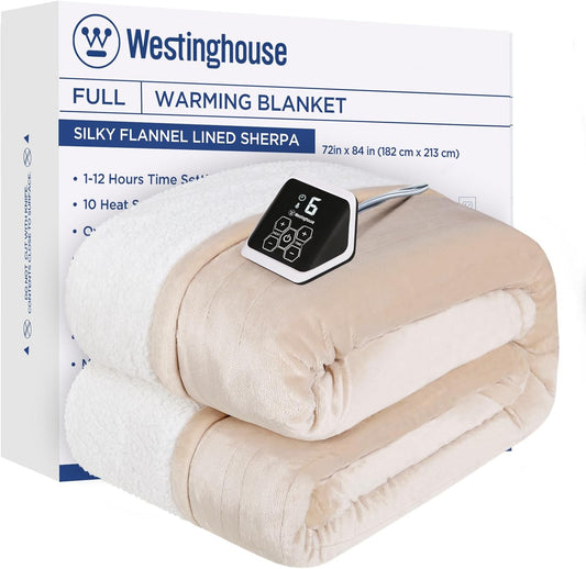 Westinghouse Full Size Heated Blanket, Soft Flannel & Sherpa, 10 Heating Levels, Auto Shut Off, Machine Washable, Beige, 72x84 Inch