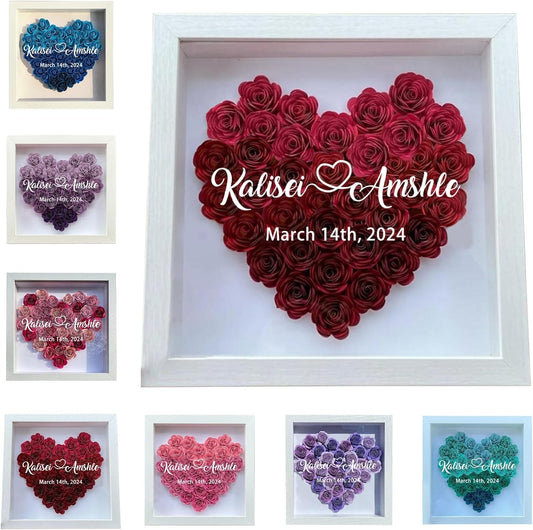 Personalized Couple Name Rose Flower Shadow Box Valentine's Day Rose Flower Gift Box Memory Display Case Valentine's Day Anniversary Birthday Home Decor Gift for Lover Girlfriend Wife
