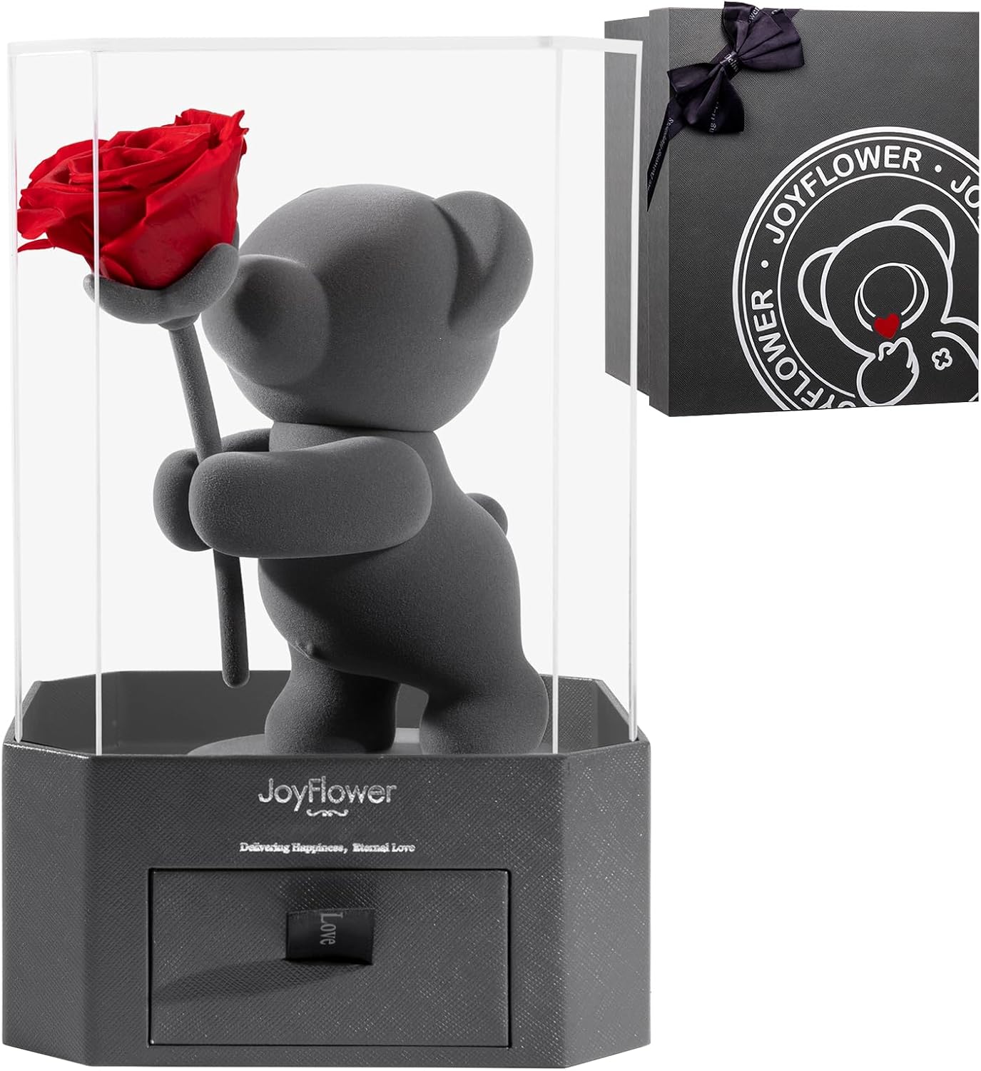 JoyFlower Preserved Flowers with Cute Teddy Bear, Eternal Real Rose Romantic Gift with Acrylic Cover & Gift Box for Girlfriend Wife Her in Valentine's Day, Birthday, Weddings, Anniversaries, Christmas