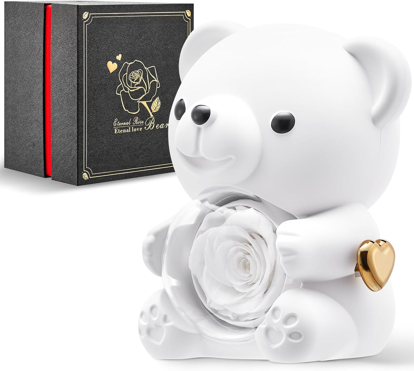 Mikasol Romantic Teddy White Bear with Preserved Rose - Real Rose in Elegant Black Gift Box for Anniversaries, Weddings, Bridal Showers, and Mother's Day