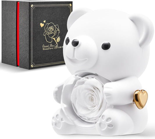Mikasol Romantic Teddy White Bear with Preserved Rose - Real Rose in Elegant Black Gift Box for Anniversaries, Weddings, Bridal Showers, and Mother's Day