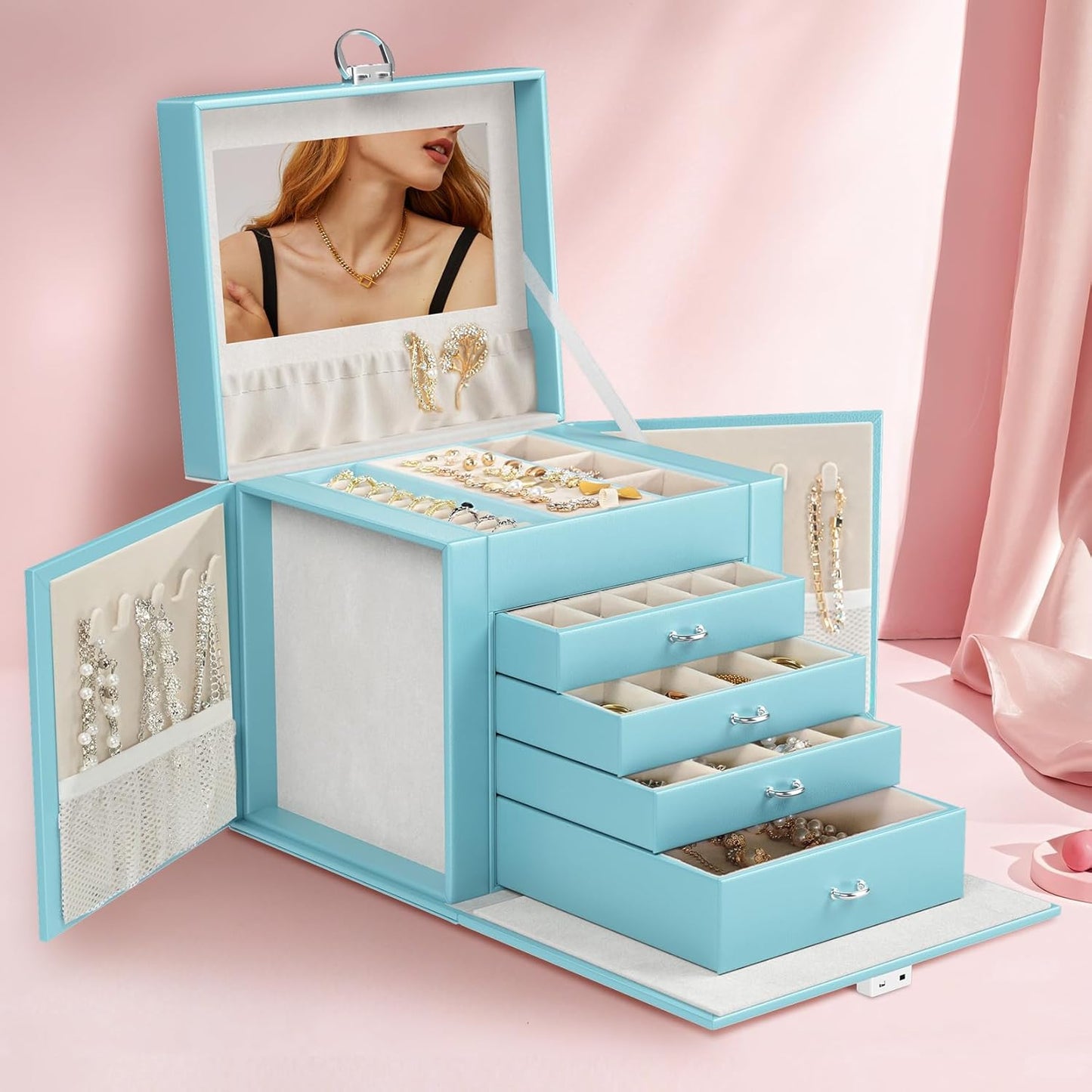5-Layer Jewelry Box with 4 Drawers, Huge Portable Jewelry Organizer with Lock and Mirror for Women, for Necklace Ring Earring Bracelet Storage, Lockable Jewelry Case, Blue