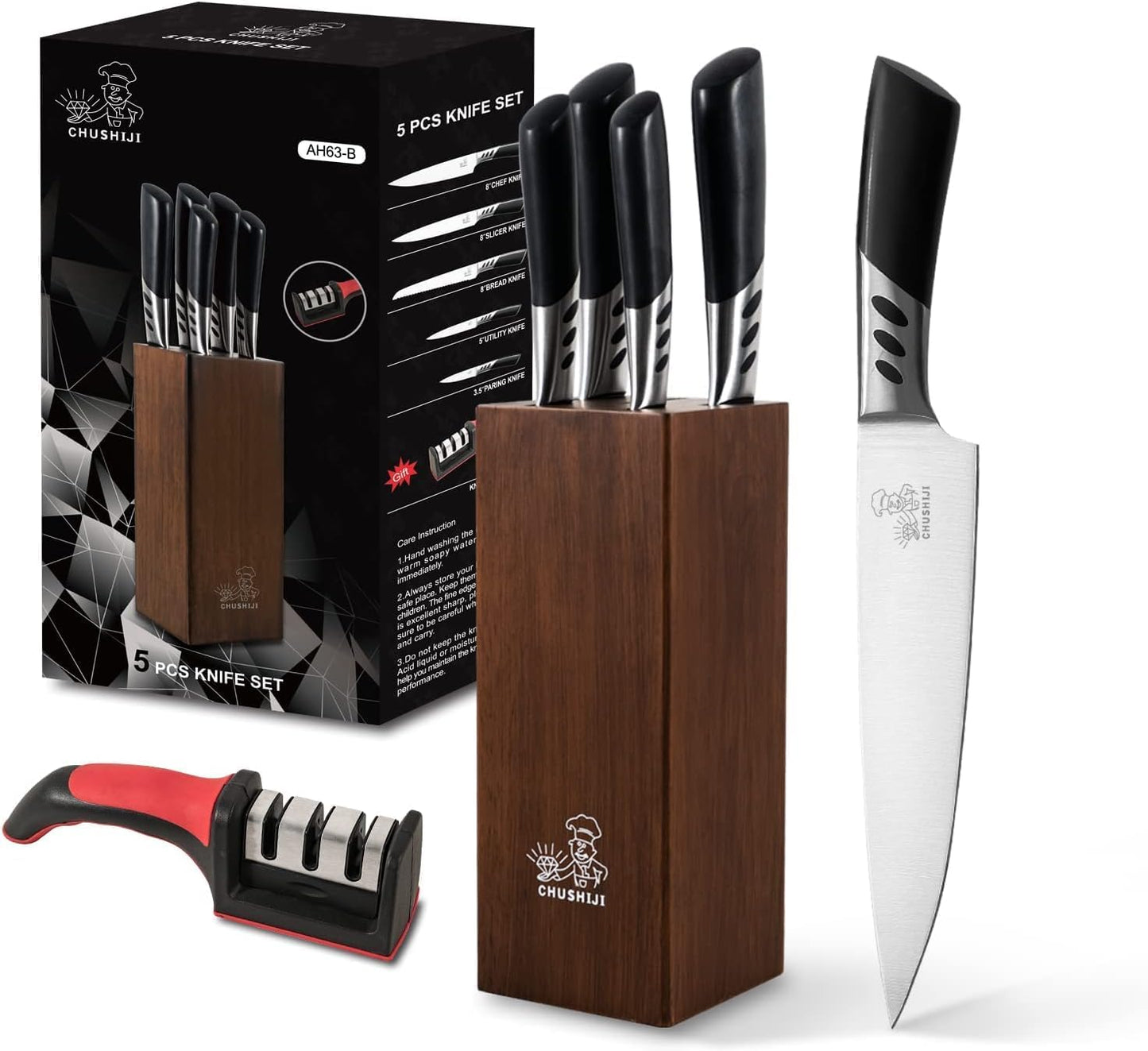 Knife Block Set, 7 Piece Cooking Knife Set, Premium Kitchen Knife Set with Knife Block and Sharpener, Hardwood Brown Knife Set，New Apartment Gift