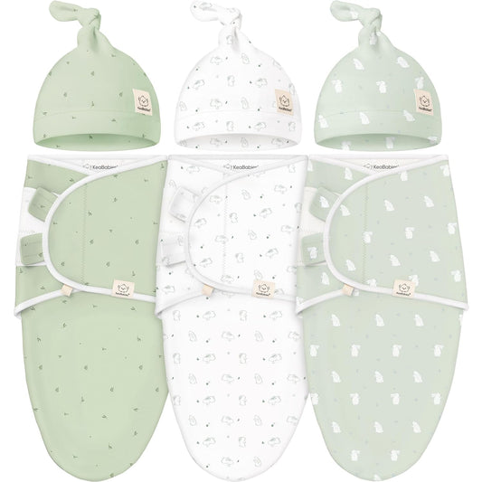 KeaBabies 3-Pack Swaddles for Newborns, Girls, Boys with Hats - Organic Soft Baby Sleep Sacks, Breathable Baby Swaddle 3-6 Months Beanies Set, Premie Infant Sleep Sack 0-3 Months (Bunnies)
