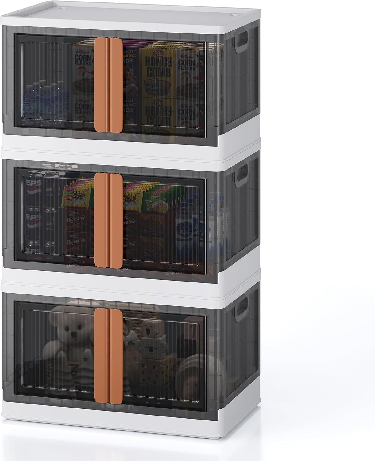 19Gal Collapsible Storage Bins with Lids & Wheels - 3 Pack Stackable with Doors, Heavy-Duty Plastic Containers for Home/Office, White