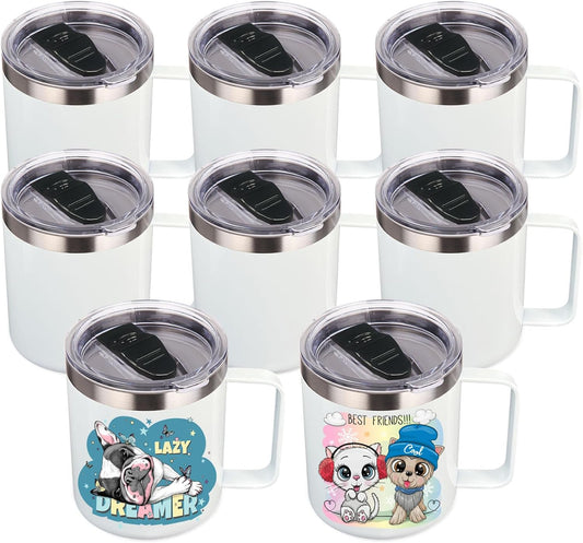 Volhoply 14oz sublimation Insulated Stainless Steel Coffee Mug with Lid Bulk 8 Pack,Double Wall Vacuum Travel Coffee Cup with Handle,Reusable Metal Cups Tumbler,Camping Mugs(Sublimation,8)