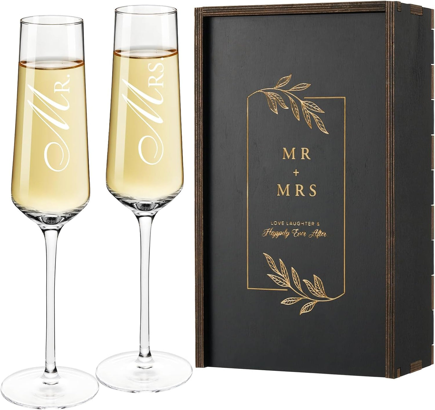 Mr. & Mrs. Champagne Flute Set - Elegant His and Hers Wedding Toasting Glasses for Celebrations, Bridal Shower Wedding Registry Gifts, Tall Wine Glasses for Bride and Groom