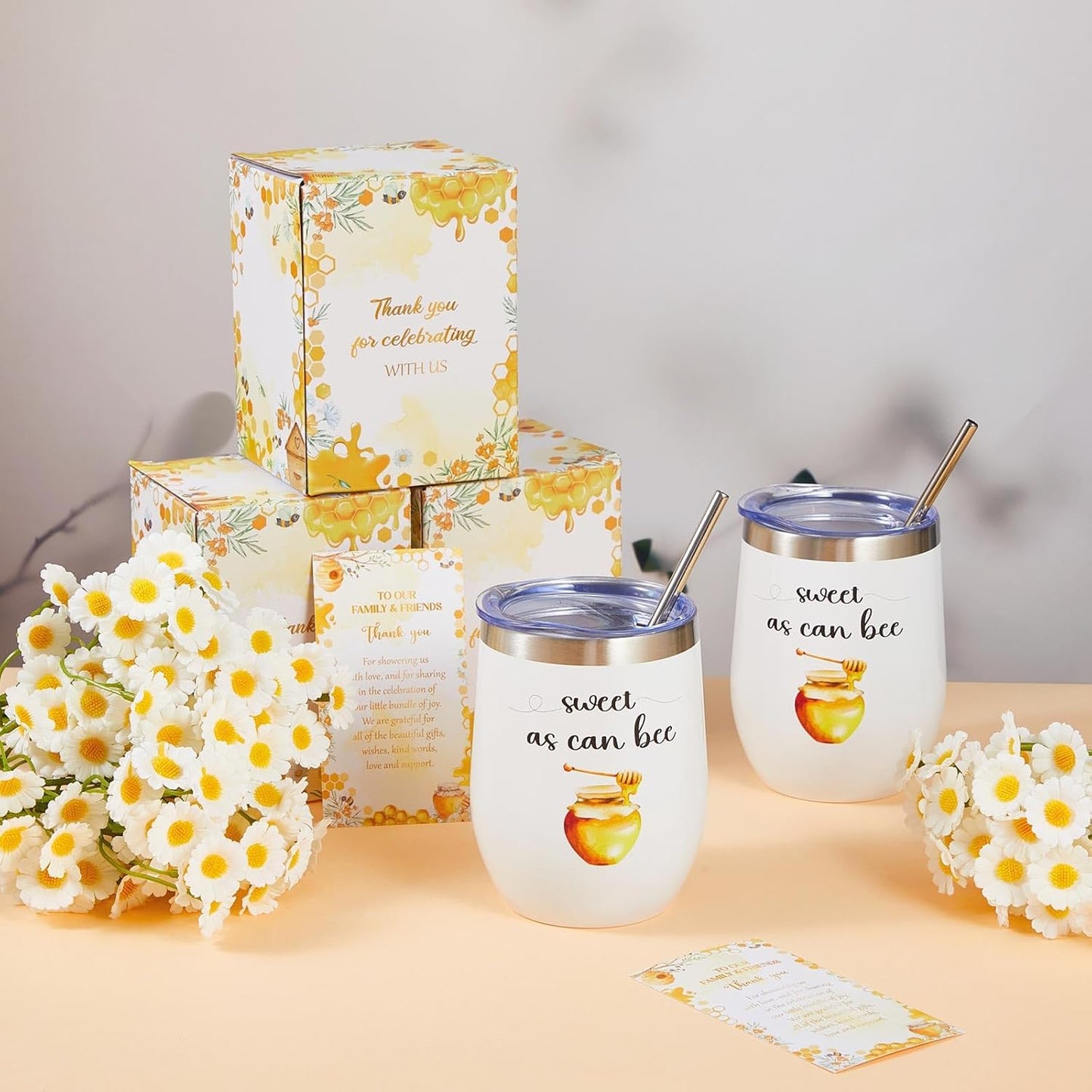 Hoolerry 6 Set Baby Shower Game Prizes for Guests Winners 12 oz Insulated Stainless Steel Tumbler Cup with Lids, Straws, Cleaning Brush, Cards & Boxes Return Gifts(Yellow,Bee Honey)