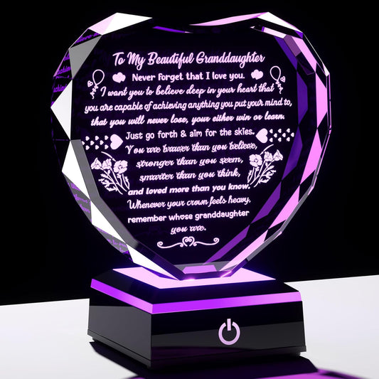 Granddaughter Gifts from Grandma Grandpa - Crystal Heart Plaque with LED Base Meaningful Keepsake Gift for Granddaughter on Valentine's Christmas Birthday Graduation Wedding Mothers Day