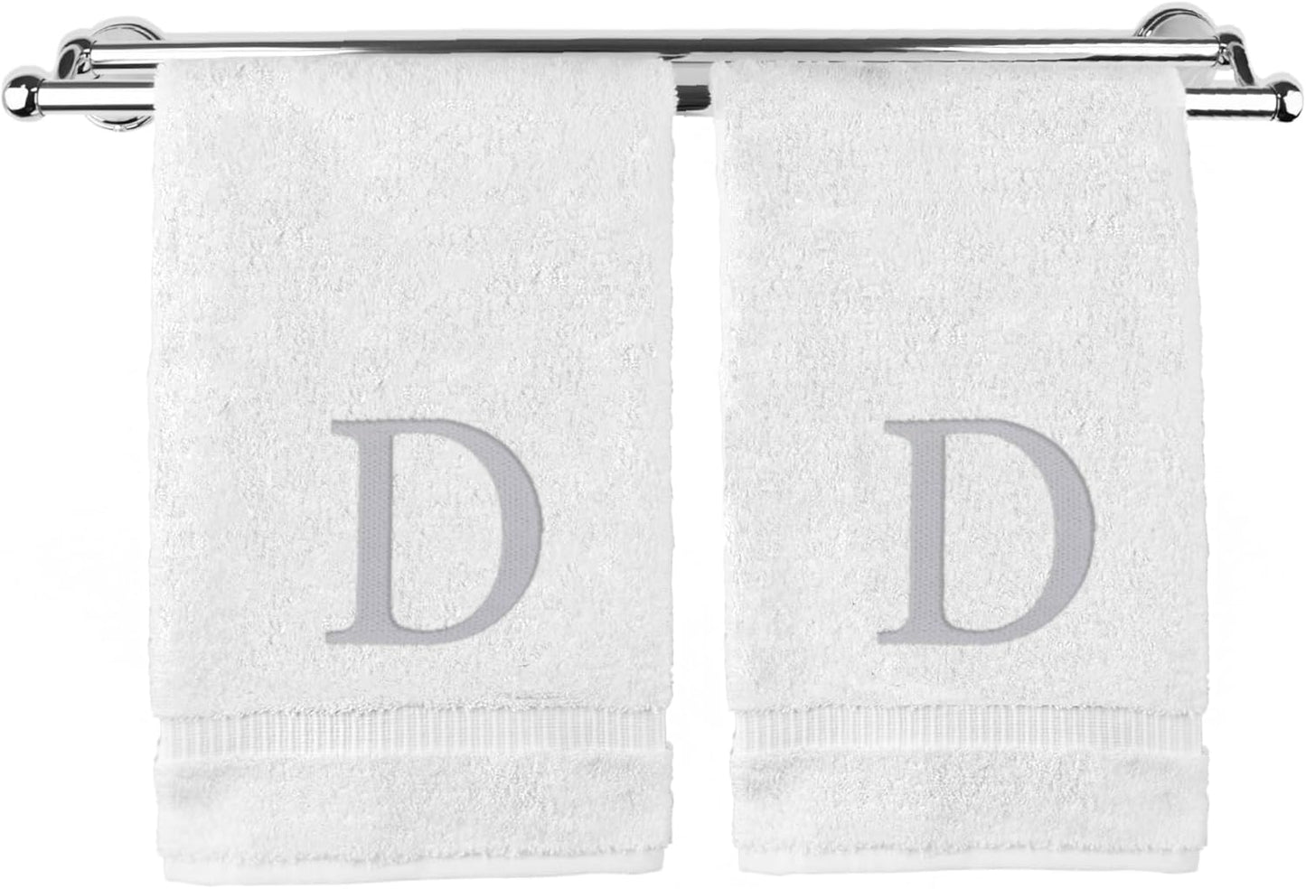 Monogrammed Hand Towel, Personalized Gift, Set of 2- Silver Block Letter Embroidered Towel - Extra Absorbent 100% Turkish Cotton - Soft Terry Finish - Initial D White