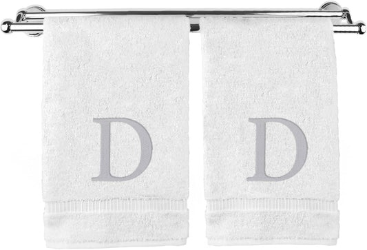 Monogrammed Hand Towel, Personalized Gift, Set of 2- Silver Block Letter Embroidered Towel - Extra Absorbent 100% Turkish Cotton - Soft Terry Finish - Initial D White