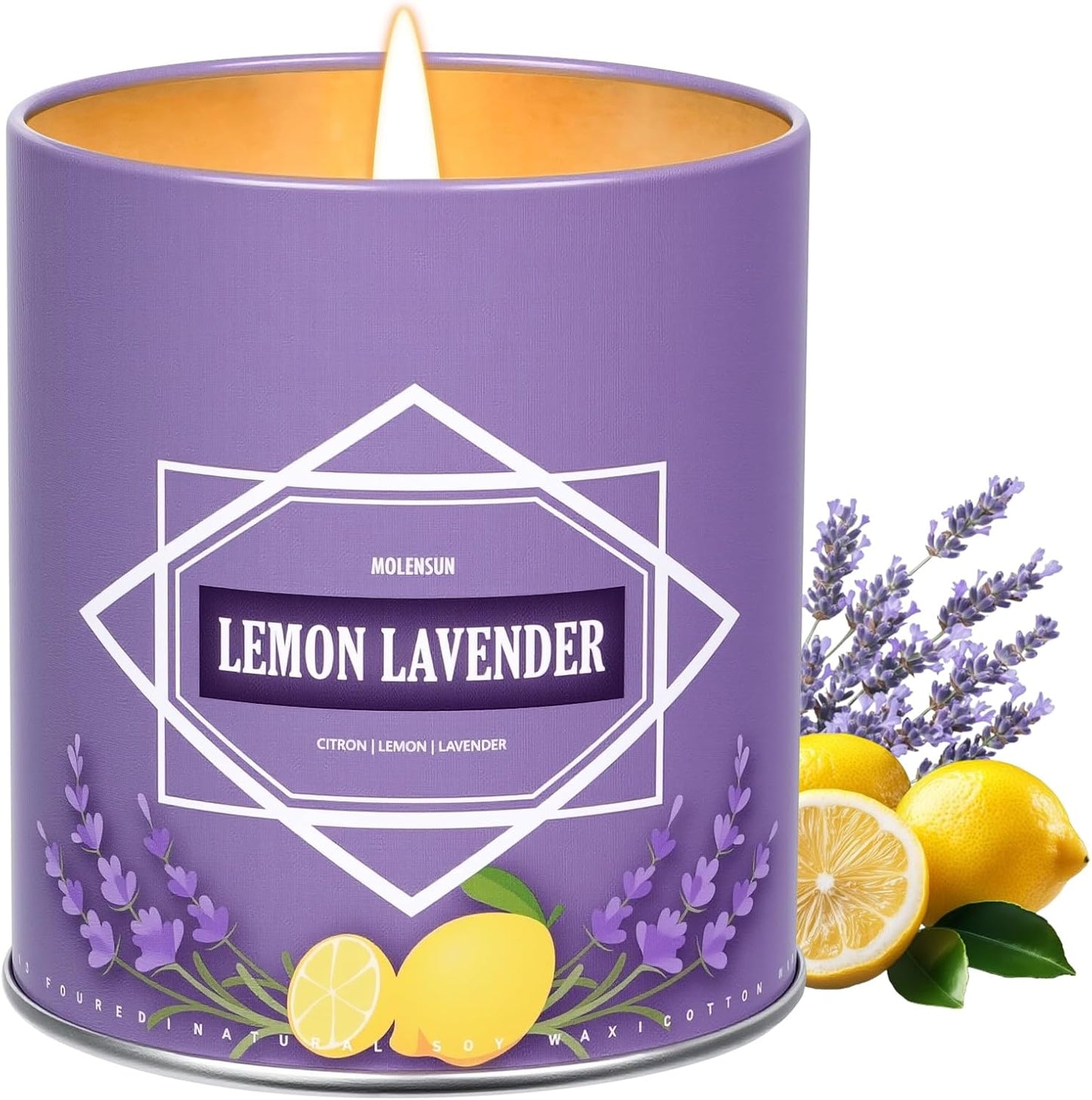 Lemon Lavender Candle, Candles for Home Scented, 9 oz Soy Wax Candle Gift for Women Men, Aromatherapy Tin Jar Candle