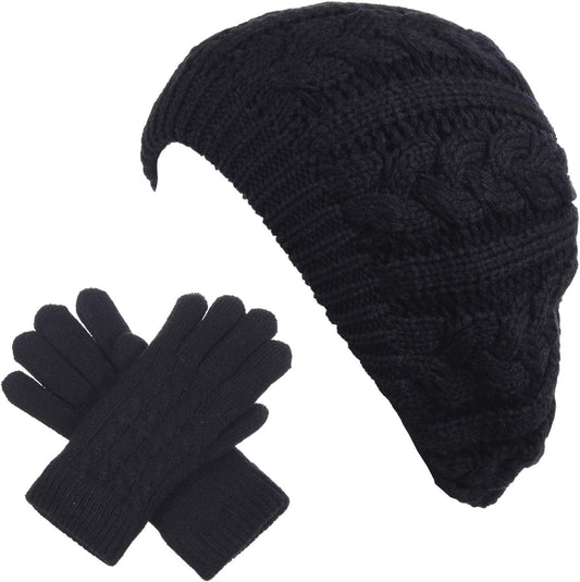 BYOS Womens Winter Cozy Cable Fleece Lined Knit Beret Beanie Hat (Set Available)