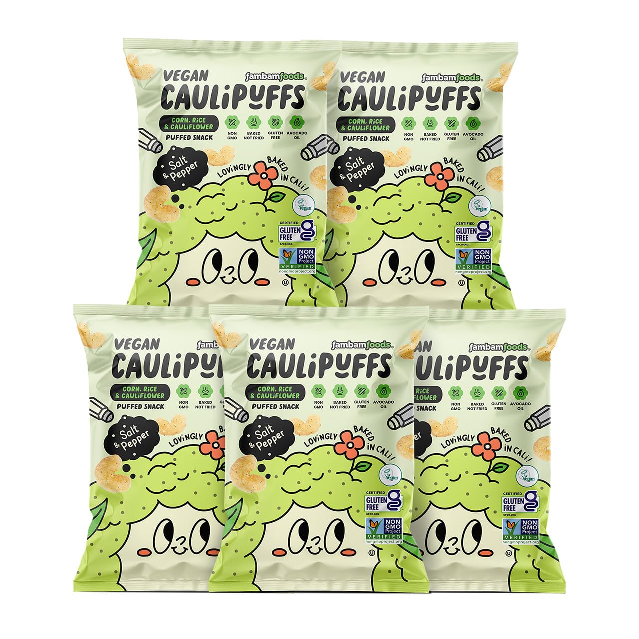 CauliPuffs - Corn, Rice, and Cauliflower Gluten Free Puffed Snack (5 x 3.0oz Bags, Vegan Salt & Pepper)