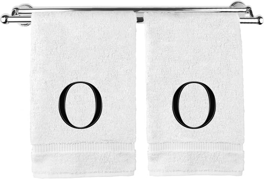 Monogrammed Hand Towel, Personalized Gift, Set of 2- Black Block Letter Embroidered Towel - Extra Absorbent 100% Turkish Cotton - Soft Terry Finish - Initial O White