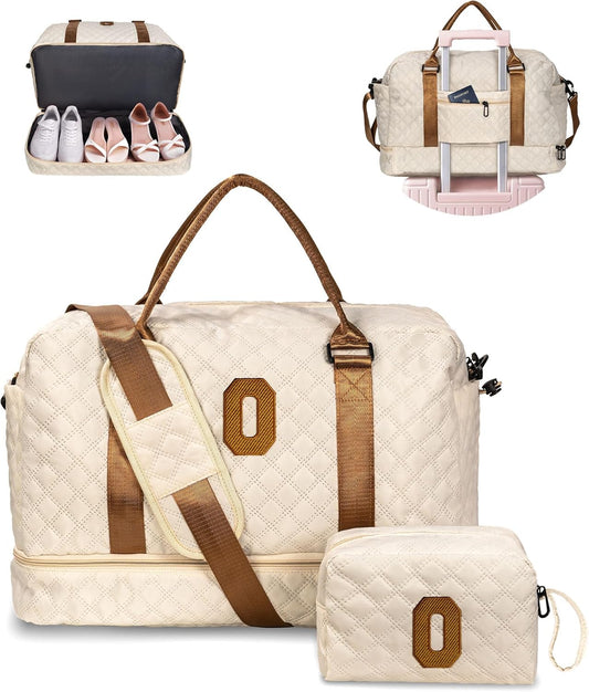 Women Birthday Gift Ideas Teen Girls-Duffle Bag with Shoe Compartment, Personalized Weekender Bag, Monogram Overnight Bag, Letter Travel Bag with Makeup Bag, Birthday Gift for Kids (Letter O)