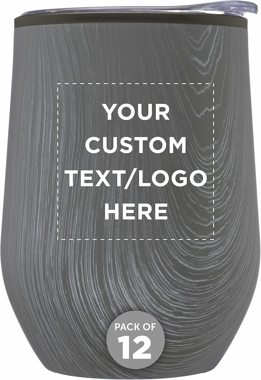 Custom Palmera Stemless Wine Tumblers with Lids 12 oz. Set of 12, Personalized Bulk Pack - Perfect for Wine, Cocktails, Other Hot & Cold Beverages - Rustic Grey