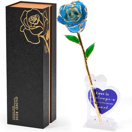 Mikasol Real 24K Gold Dipped Realistic Rose – Timeless Lifelike Bloom with Heart Puzzle Base – Romantic Gradient Blue Flower Gift for Her, Wife, Girlfriend, Mom – Birthday, Anniversary, Mother’s Day