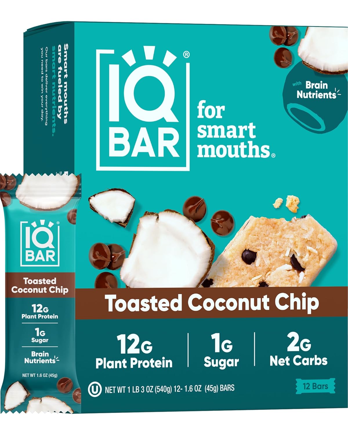 IQBAR Brain and Body Plant Protein Bars - Toasted Coconut Chip - 12-Count Low Carb - Gluten Free, High Fiber, Vegan Snacks - Low Sugar Meal Replacement