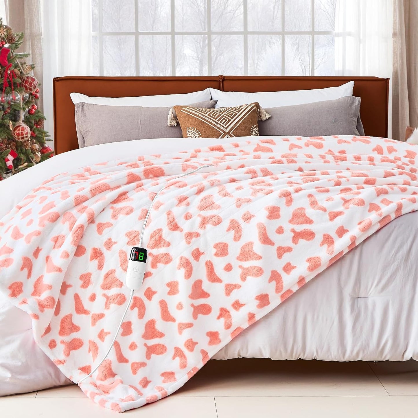 Cow Print Electric Heated Blanket Queen Size,84X90 Pink Heating Blanket Queen with Dual Control&Timer&10 Heat Levels,Cute Cow Decor Sherpa Blankets Warmer Gifts for Bed Women Adults,ETL