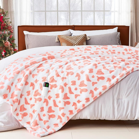 Cow Print Electric Heated Blanket Queen Size,84X90 Pink Heating Blanket Queen with Dual Control&Timer&10 Heat Levels,Cute Cow Decor Sherpa Blankets Warmer Gifts for Bed Women Adults,ETL