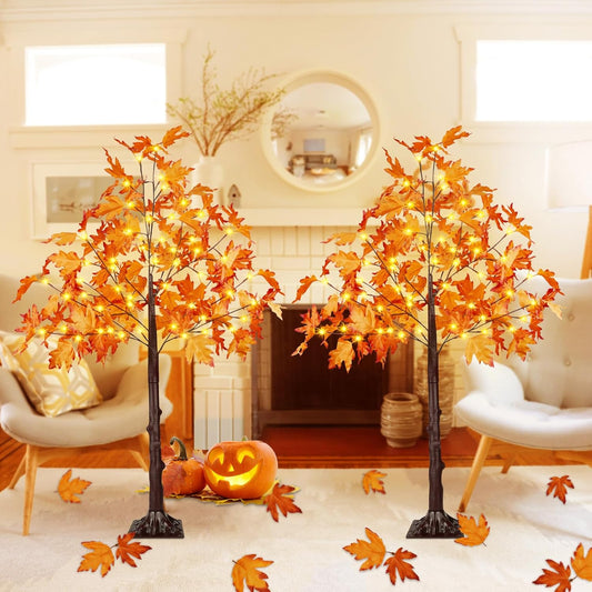 2Pack 4FT 100LED Artificial Lighted Maple Tree, Fall Decor for Home, Maple Tree with Timer Function Prelit Fall Decorations Warm White Light for Indoor Outdoor Autumn Harvest Halloween Thanksgiving