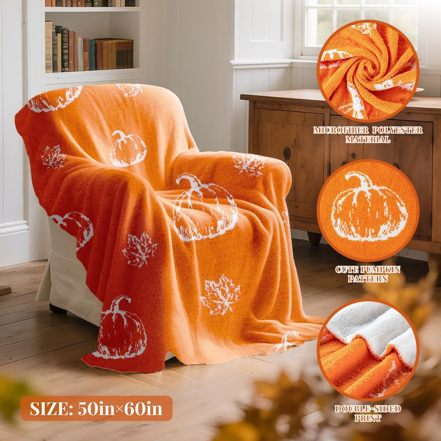 Lanpn Fall Pumpkin Throw Blanket, Cozy Sherpa Pumpkins Blankets for Sofa Couch, Soft Reversible Throws Autumn Orange Knit Blanket, Farmhouse Chair Bed Home Dorm Thanksgiving Decor, 50"x60"