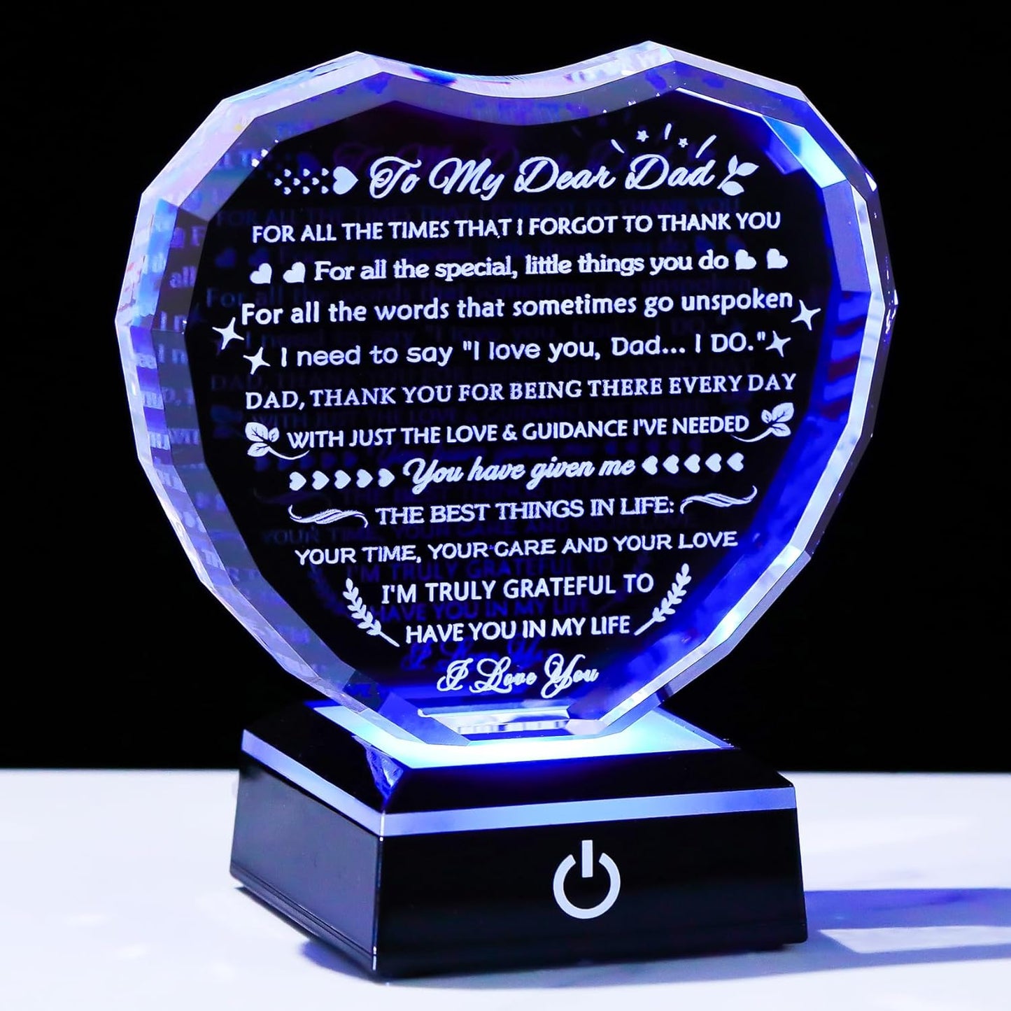 YWHL Gifts for Dad from Daughter Son with Colorful Light Base Birthday Gifts for Dad Crystal Heart Keepsake Thank You Gift Idea To My Father Present on Fathers Day Christmas Thanksgiving