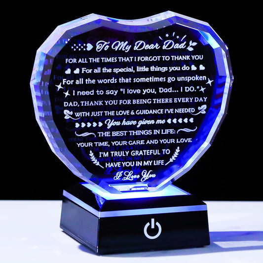 YWHL Gifts for Dad from Daughter Son with Colorful Light Base Birthday Gifts for Dad Crystal Heart Keepsake Thank You Gift Idea To My Father Present on Fathers Day Christmas Thanksgiving