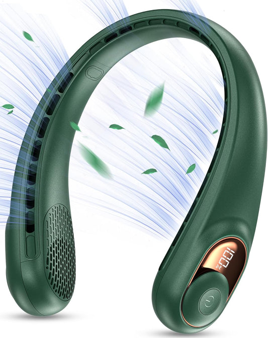 KIDEE Neck Fan Rechargeable, Portable Fan, Upgraded LED Display, 4000 mAh Battery Operated, 3 Speeds Adjustable Personal Wearable Fans, Gifts for Women Men, Deep Green