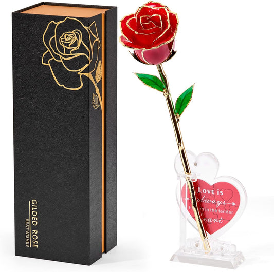 Mikasol Real 24K Gold Dipped Realistic Rose – Timeless Lifelike Bloom with Heart Puzzle Base – Romantic Red Flower Gift for Her, Wife, Girlfriend, Mom – Birthday, Anniversary, Mother’s Day (Red)