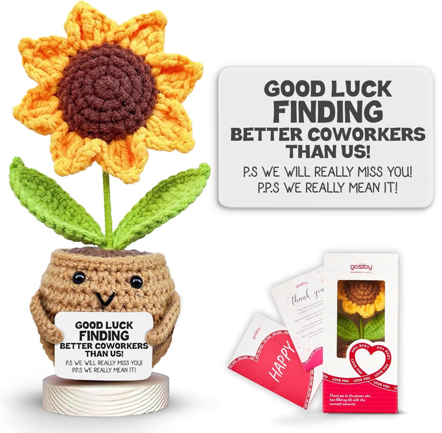 Gossby Handmade Positive Sunflower Doll Crochet with Card - Women Coworker Appreciation Gift - Retirement, Farewell, Goodbye, Leaving, Going Away Gift for Coworker - Good Luck Finding Better Coworkers