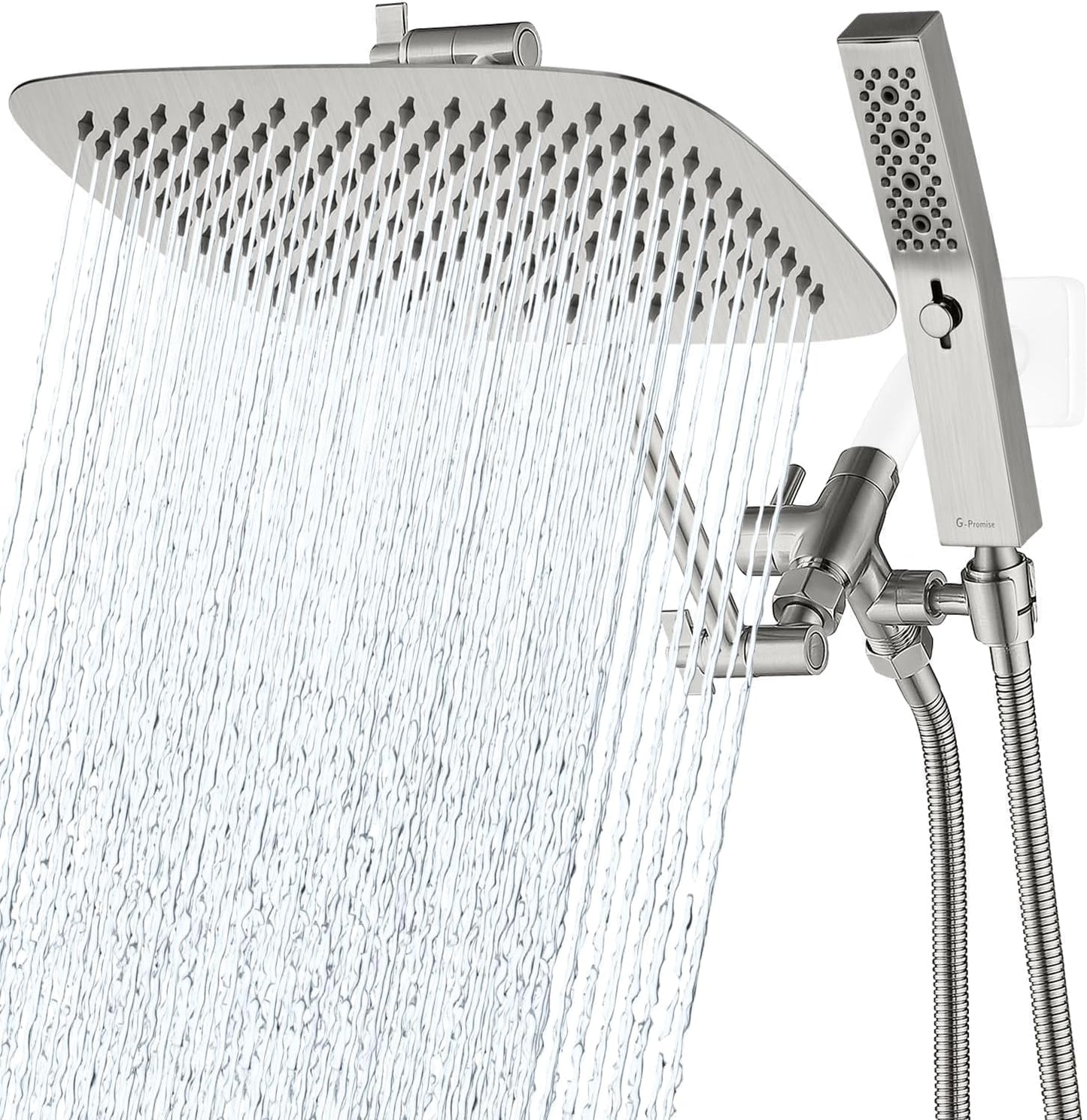 G-Promise All Metal 12 Inch Dual Square Shower Head with Handheld Spray Combo, Rain Shower Head, Adjustable Extension Arm, 3-Way Diverter, 71 Inch Extra Long Hose - A Bathroom Upgrade(Brushed Nickel)