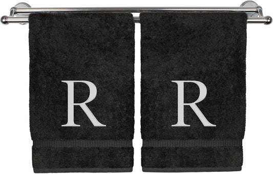 Monogrammed Hand Towel, Personalized Gift, Set of 2- White Block Letter Embroidered Towel - Extra Absorbent 100% Turkish Cotton - Soft Terry Finish - Initial R Black