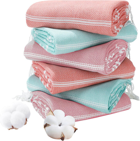 Genovega 6 Packs Oversized Turkish Beach Bath Towel Set Bulk 74"x38" Extra Large Sand Free Quick Dry Swim Camping Pool Clearance Towels Travel Blanket Adult Essentials Red Pink Green Stripe