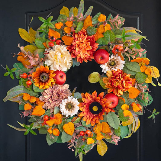 Fall Wreath 24 Inch Fall Wreaths for Front Door Autumn Wreath with Artificial Apples, Dahlias & Sunflowers Outdoor or Indoor Autumn Wreaths for Front Door Decor