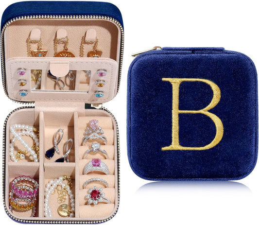 Parima Bridesmaid Gifts Wedding Day - Plush Velvet Bridesmaid Jewelry Box Jewelry Case Organizer Bridal Shower Bride Maid Matron Of Honor Bachelorette Gifts Bride Gifts - Letter B, Navy Blue